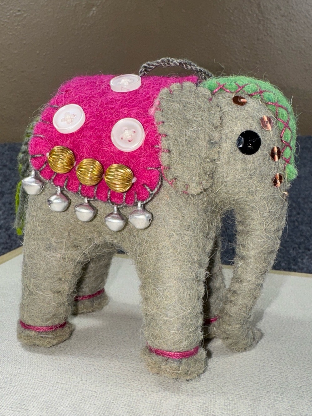 Gray Felt Elephant Holiday Ornament with Pink and Green Accents
